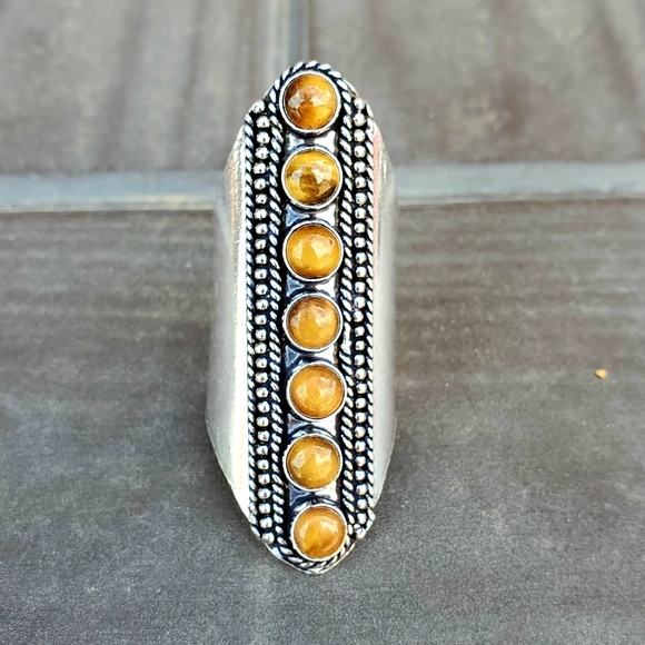 New 7 Stone Tiger Eye Adjustable Silver Statement Ring. - Picture 14 of 15